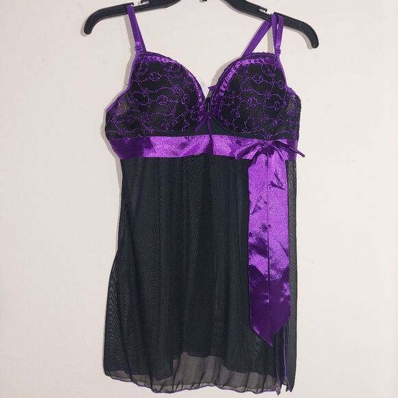 Just Sexy Women's Elegant Black and Purple Built in Bra Baby Doll Lingerie EUC - Picture 1 of 9